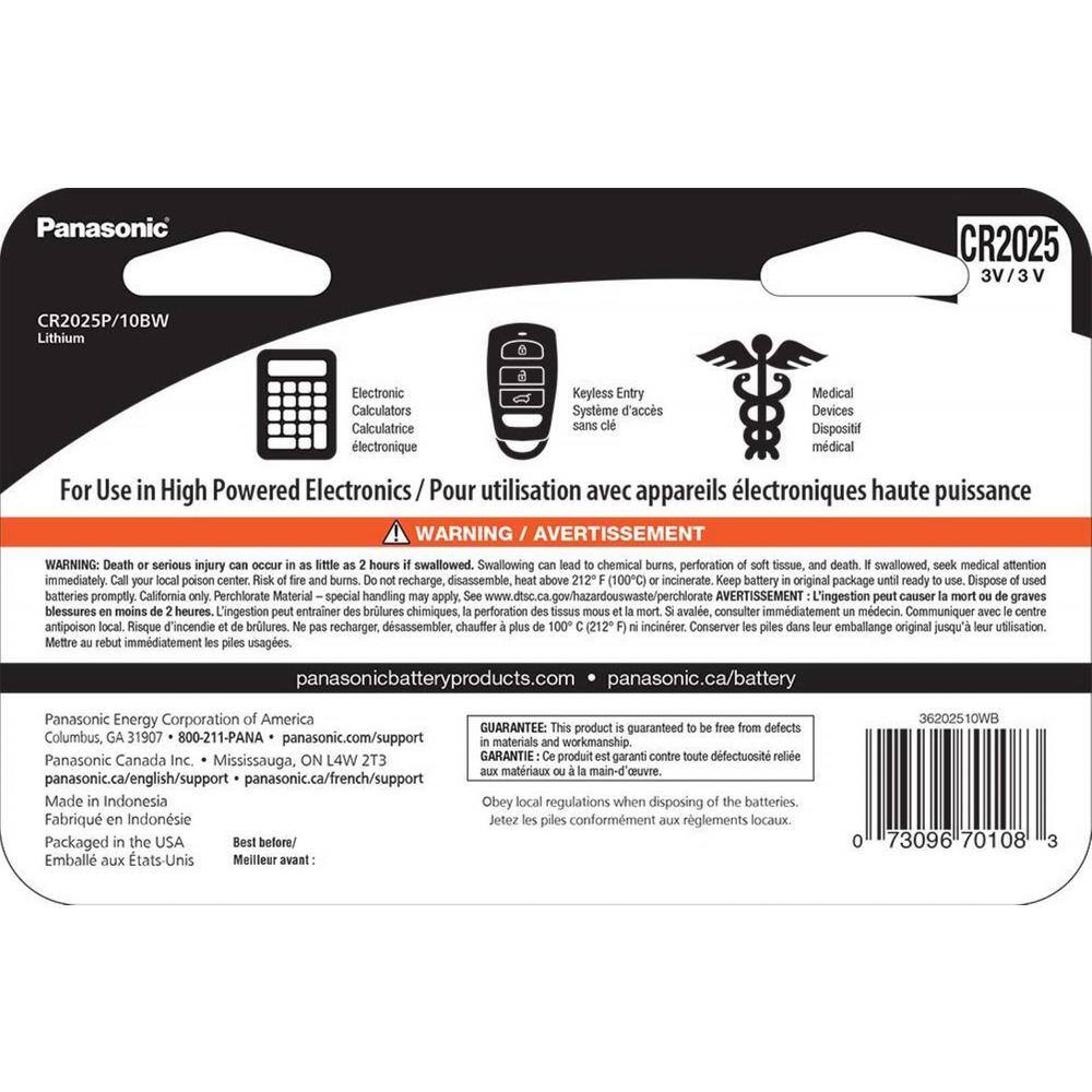 Panasonic CR2025 Lithium Coin Cell Batteries (10-Pack) PCR2025P10W