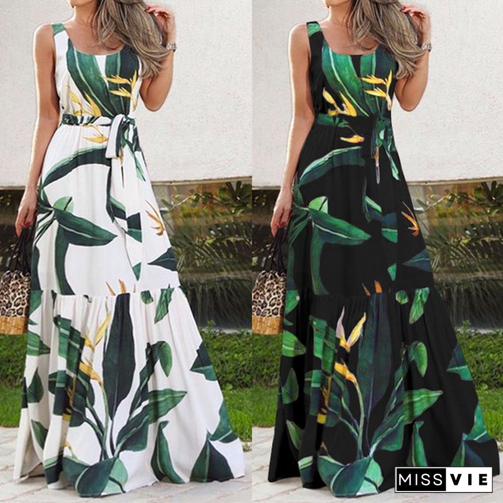 Celmia Womens Summer Sleeveless Holiday Printed High Waist Long Maxi Dress Beach Vestidos