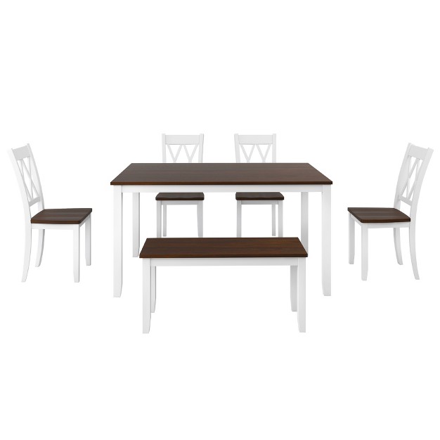 6 piece Farmhouse Rustic Wooden Dining Table Set With 4 Cross Back Chairs And Bench Modernluxe