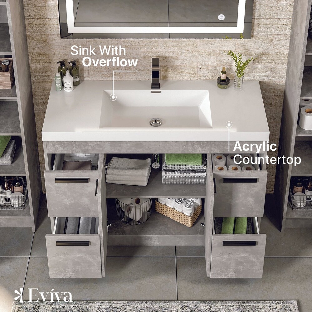 Eviva Lugano 48 inch Cement Gray Modern Bathroom Vanity with White Integrated Acrylic Top