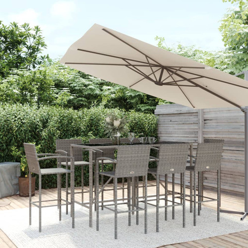 vidaXL Patio Bar Set 9 Piece Outdoor Table and Chair Set Gray Poly Rattan   Tropical   Outdoor Pub And Bistro Sets   by vidaXL LLC  Houzz