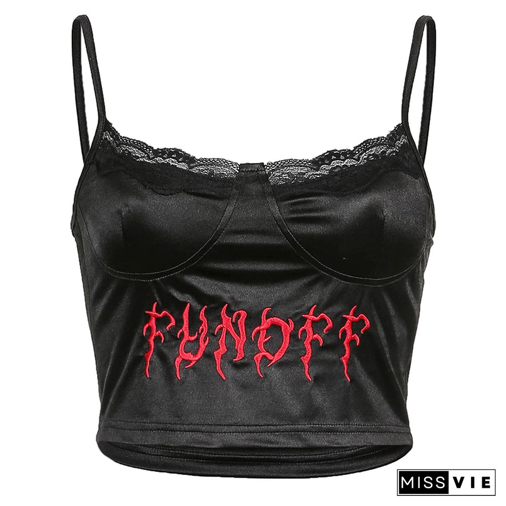 Gothic Punk Black Lace Frill Crop Top Summer Backless Spaghetti Strap Camisole Tee Women Embroidery Letter Vest Harajuku