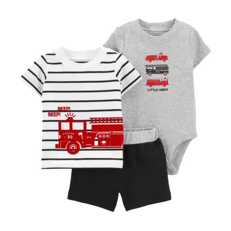 Summer Newborn Baby Boy Set 6-24M Cute Cartoon Dinosaur Cotton Clothing Short Sleeve+Shorts+jumpsuit Infant Clothes 3Pcs Outfits