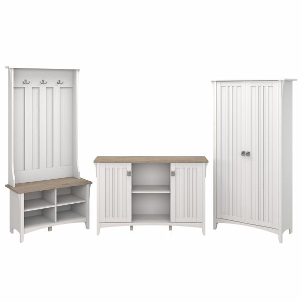 Bush Furniture Salinas Entryway Storage Set with Hall Tree， Shoe Bench and Accent Cabinets in Pure White and Shiplap Gray