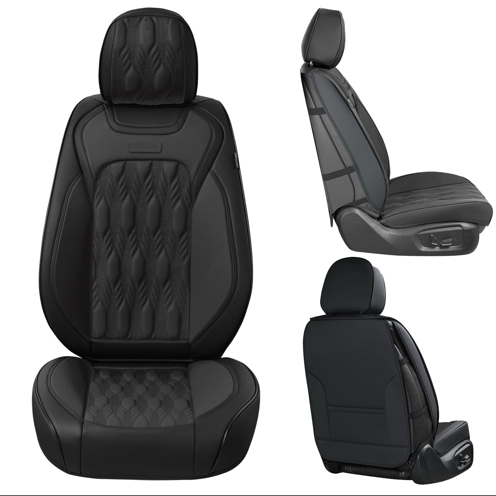 Coverado Car Seat Covers， Premium Nappa Leather Auto Seat Cushions Full Set with Embossed Pattern， Universal Fit Interior Accessories for Most Cars， Sedans， SUVs and Trucks， Black