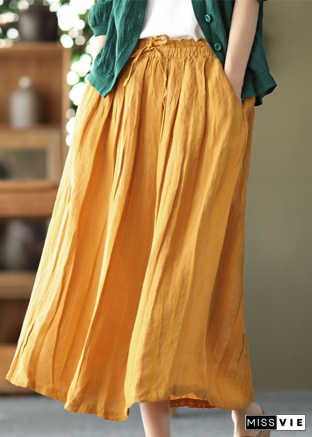 Bohemian Yellow Elastic Waist Wrinkled Linen Skirt Summer