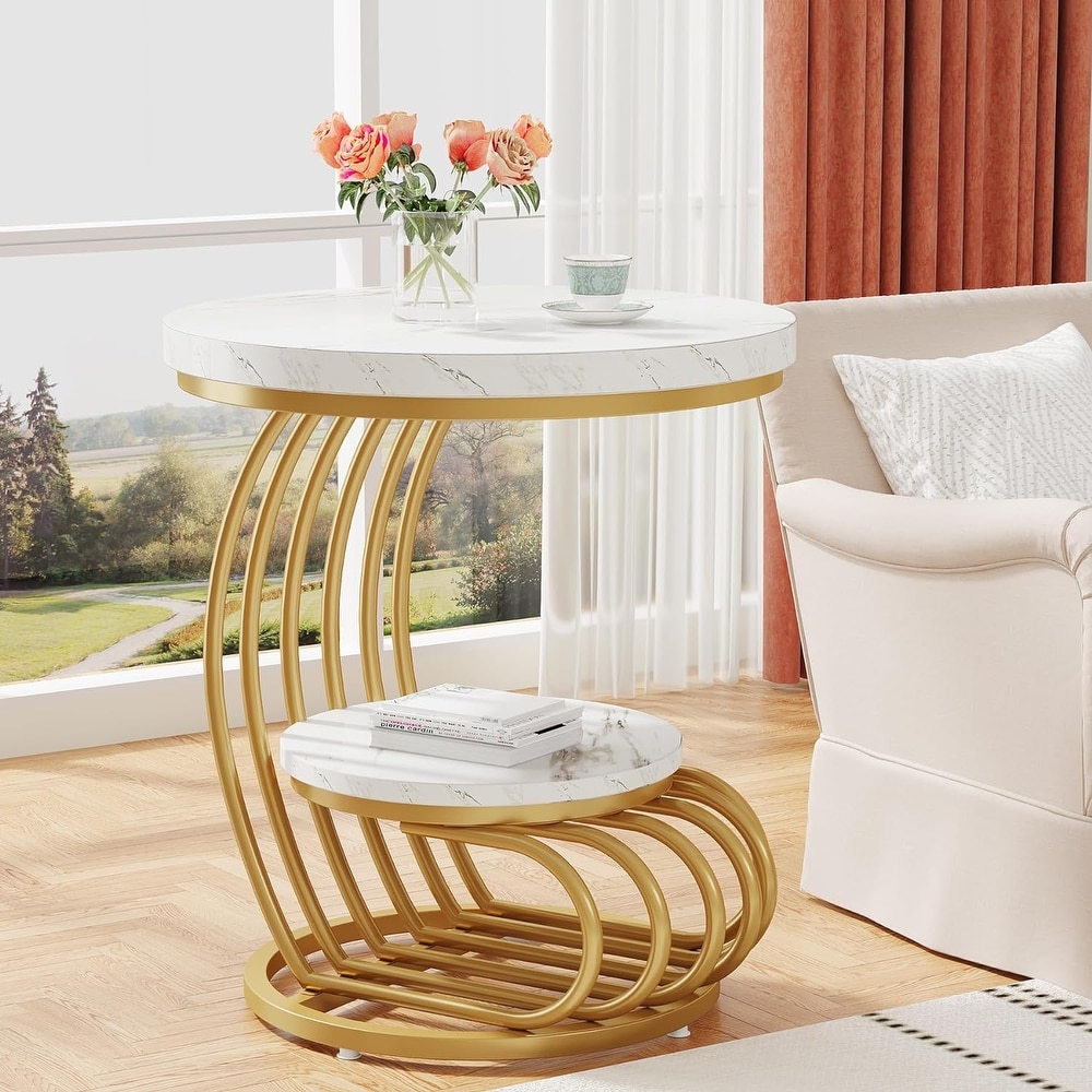 2 Tiers Round End Table  Side Table with Storage Shelf for Living Room