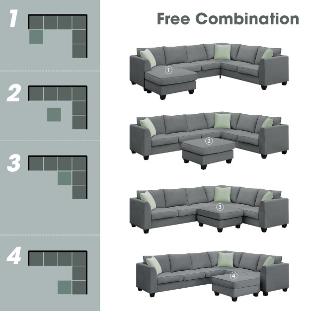 Modular Sectional Sofa 7 Seats With Ottoman L Shape Fabric Sofa Corner Couch Set With 3 Pillows Re modernluxe