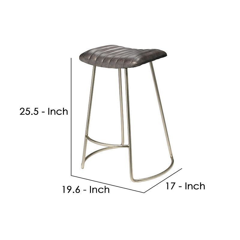 Counter Stool with Leatherette Vertical Channel Stitching， Gray and Silver