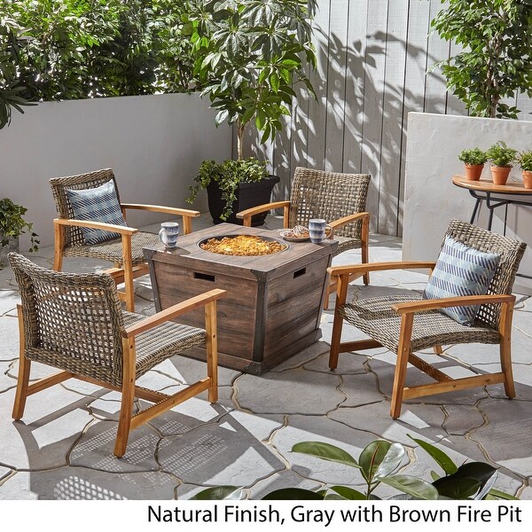 Hampton Outdoor Wood and Wicker Club Chair Set with Fire Pit by Christopher Knight Home