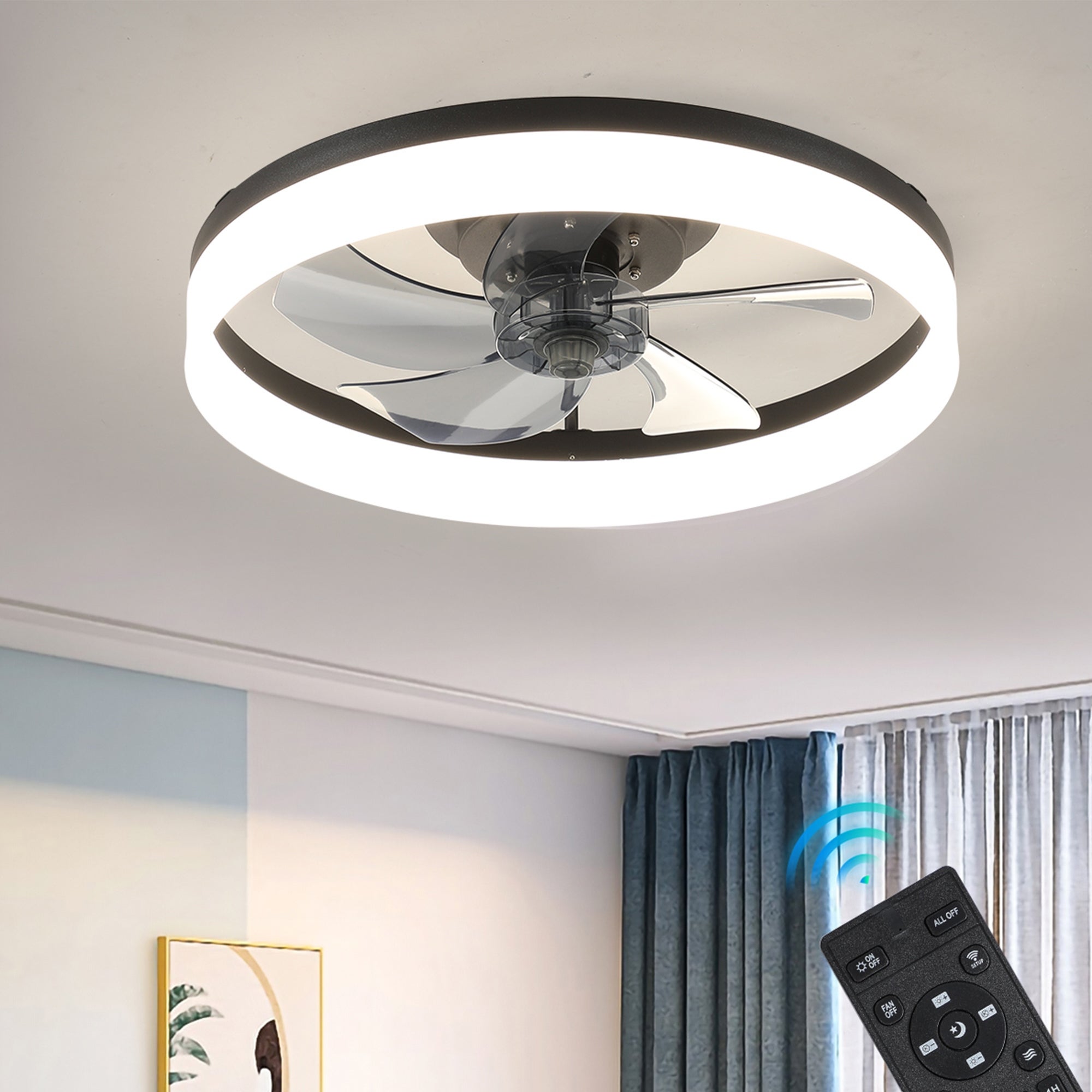 Oaks Aura 20in. Modern Low Profile Ceiling Fan with Light， Black Flush Mount Ceiling Fan with Remote for Bedroom Shopping - The Best Deals on Ceiling Fans | 41540736