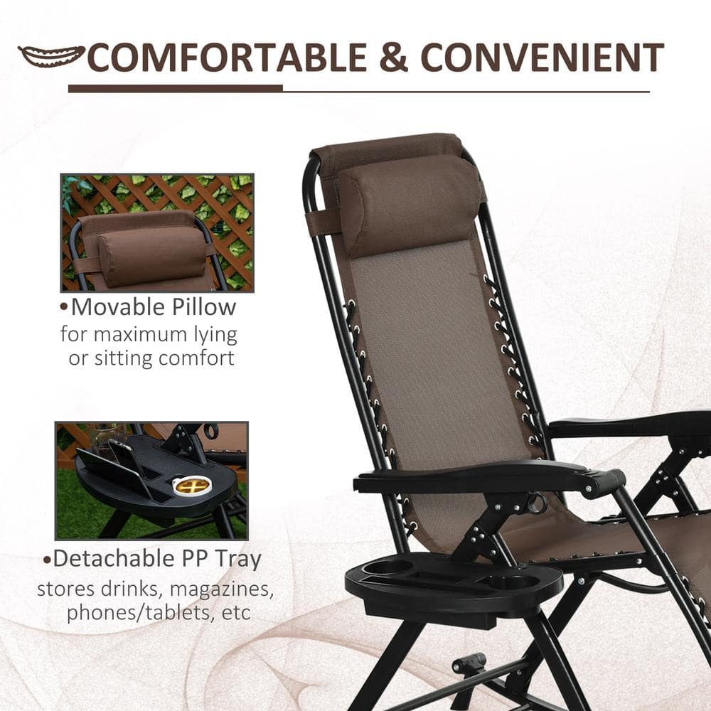 Outsunny Black Metal Outdoor Recliner Lounge Chair Patio Folding Rocker with Side Tray Slot Backrest Pillow Cup Phone Holder 84B-080BN