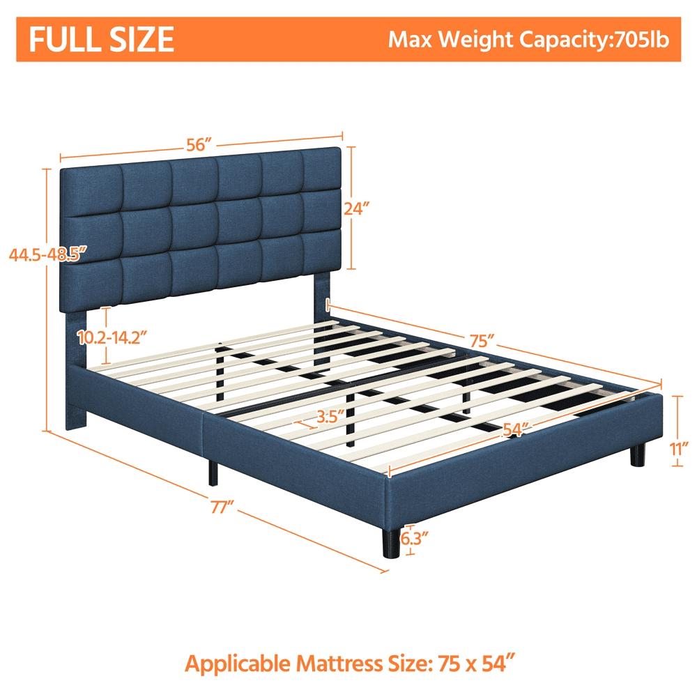 Easyfashion Modern Platform Bed with Wooden Support Slats and Tufted Headboard Navy Blue Full  Crowdfused