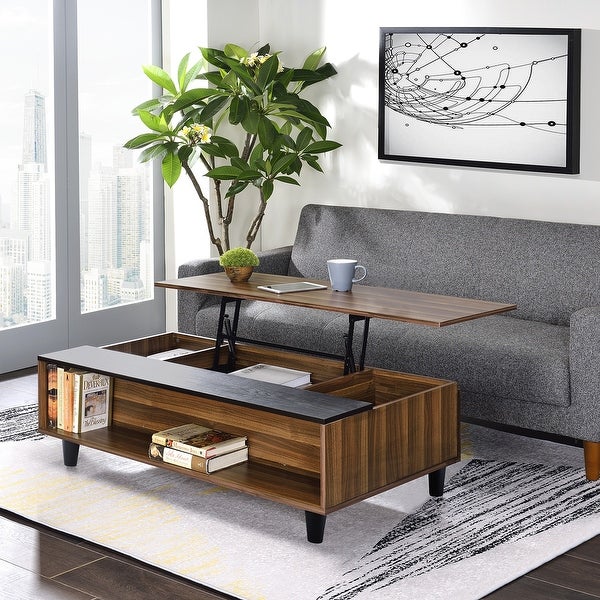 Walnut Solid Wood Lift Top Coffee Table with Storage|Walnut