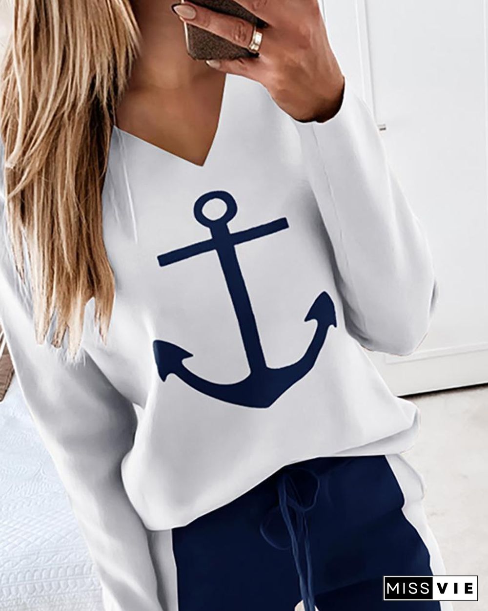 Boat Anchor Print Long Sleeve Top & Drawstring Waist Pants Set P10260