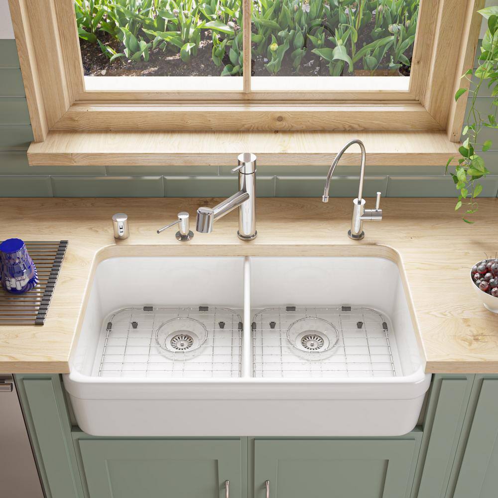 ALFI BRAND Decorative Lip Farmhouse Apron Fireclay 32 in. Double Basin Kitchen Sink in White AB512-W