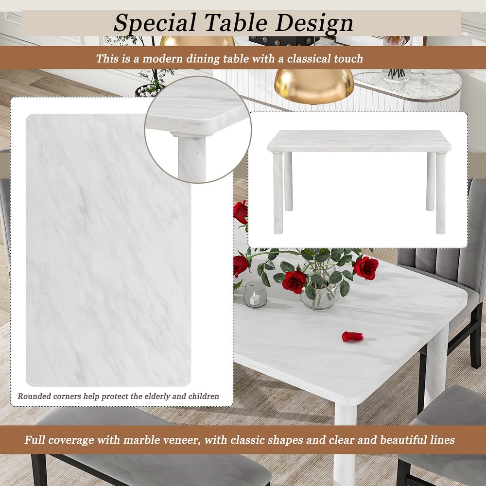 Modern 6 Piece Dining Set with Marble Veneer Table and Tufted Upholstered Dining Chairs and Upholstered Bench  for Dining Room