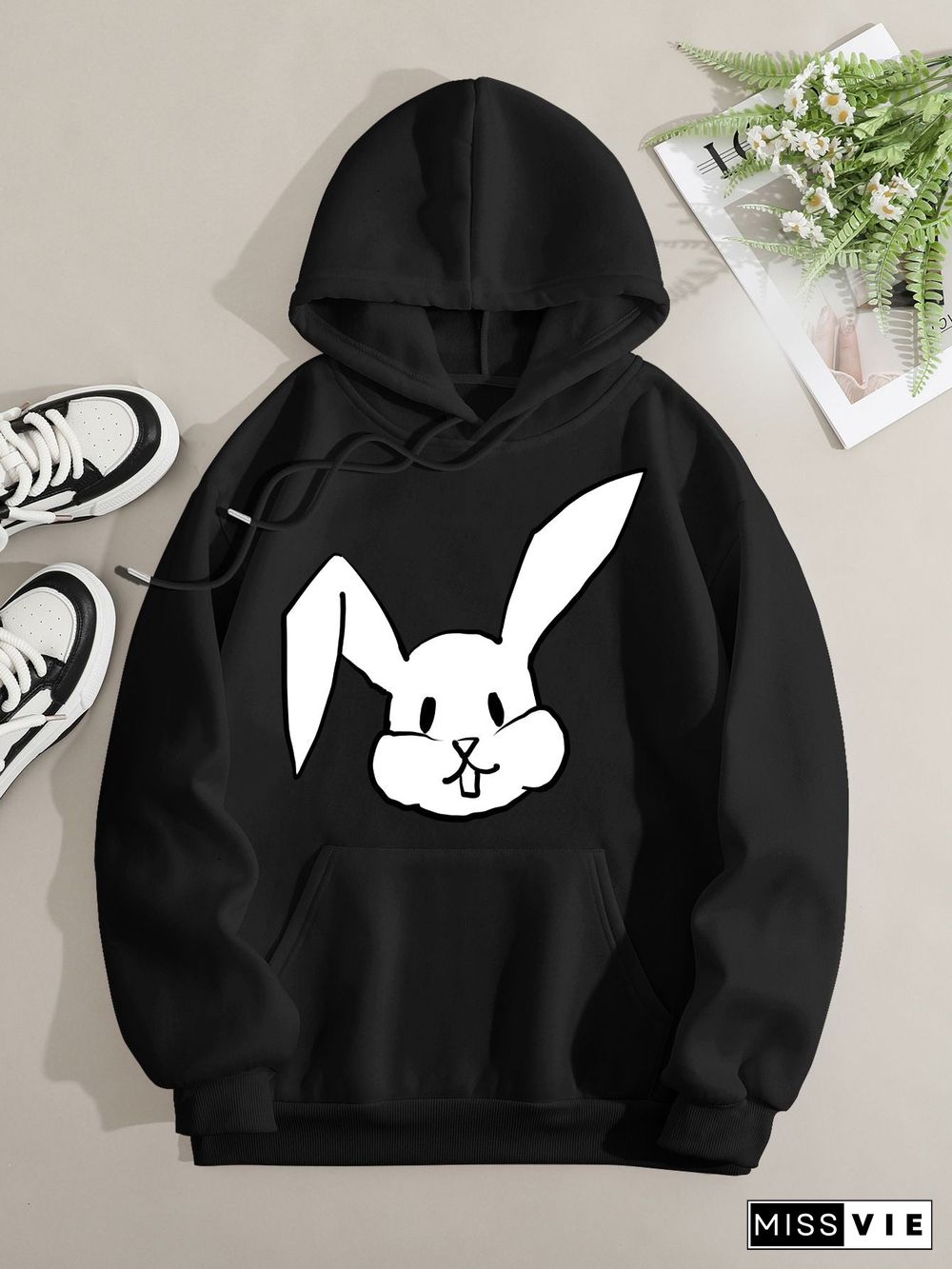 Printed on front Kangaroo Pocket Hoodie Long Sleeve for Women Pattern Big-Eared Rabbit