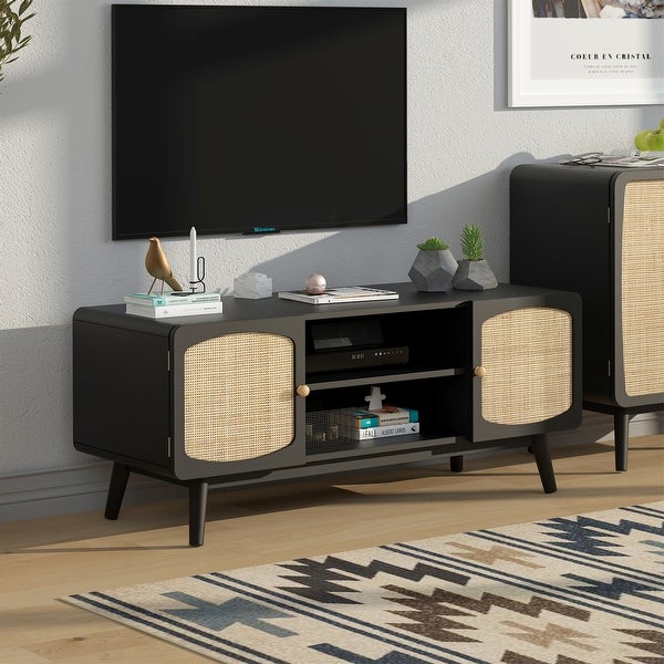 Black TV Console Table with Rattan Door