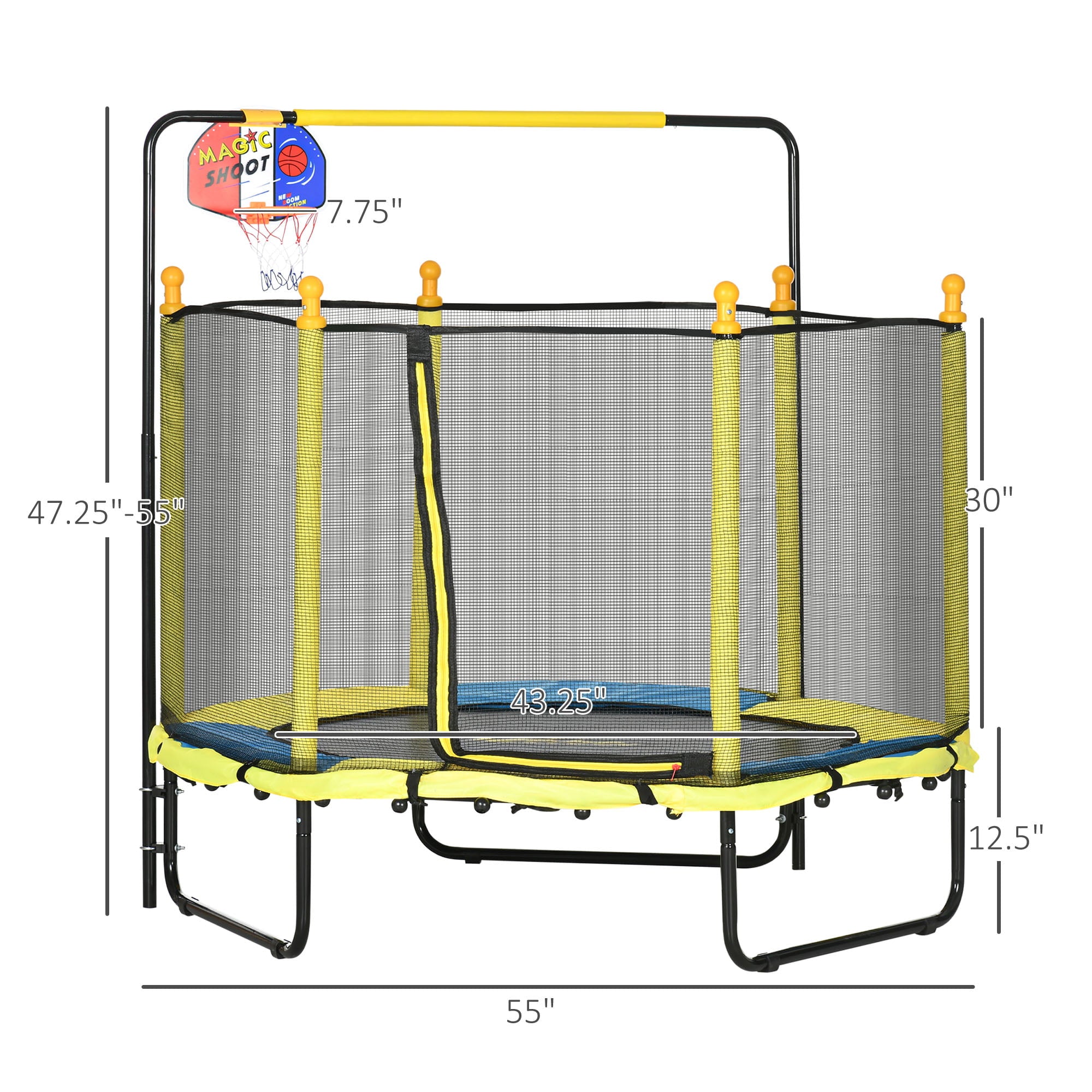 Qaba 4.6' Kids Trampoline with Basketball Hoop， Horizontal Bar， 55 Indoor Trampoline with Net， Small Springfree Trampoline Gifts for Kids Toys， Ages 1-10， Yellow