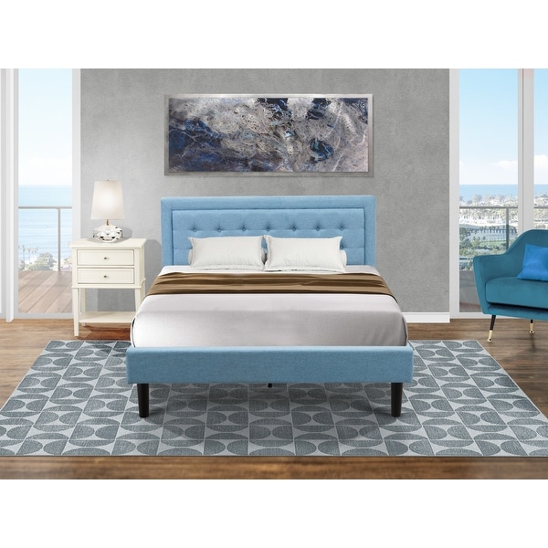 Platform Bed Set - Wood Queen Size Bed Frame and a Night Stand for Bedrooms - Denim Blue Fabric (End Table Pieces Option) - - 33887624