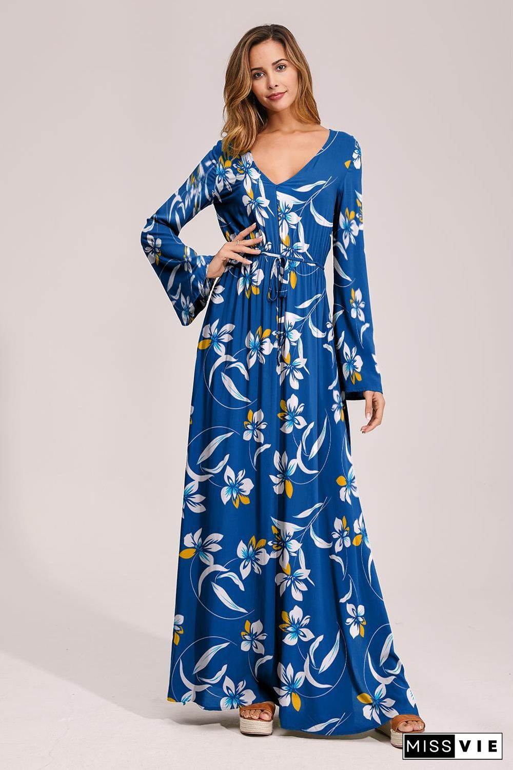 Floral Deep Long Sleeves Tie Back Ruffled Hem Maxi Dress