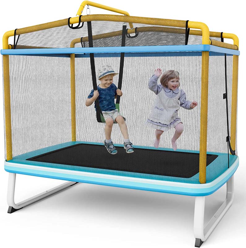 3-in-1 6Ft Rectangle Kids Trampoline with Swing & Horizontal Bar, ASTM Approved Small Trampoline w/Safety Net