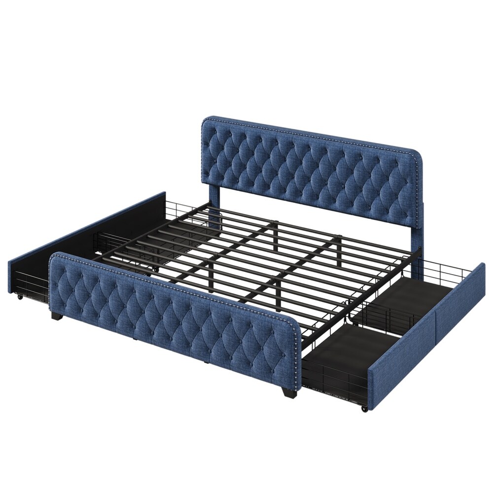 Upholstered Platform Bed Frame with Four Drawers Tufted Headboard and Footboard