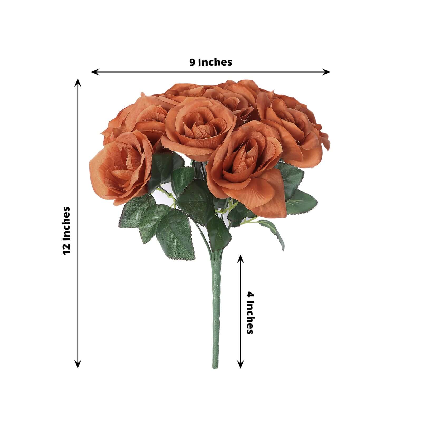 Terracotta (Rust) Artificial Velvet-Like Fabric Rose Flower Bouquet Bush 12