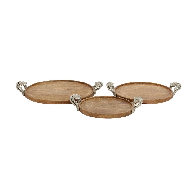 Set Of 3 Round Natural Mango Wood Trays With Metal Leaf Handles Brown Olivia amp May