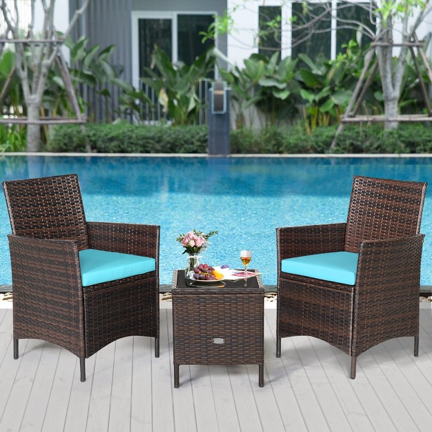 Tangkula 3 Pieces Patio Rattan Conversation Furniture Wicker Chairs With Coffee Table amp Cushions Red blue white