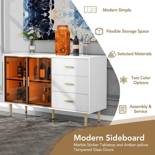 Wooden buffet cabinet sideboards with amber yellow tempered glass doors and 3 drawers