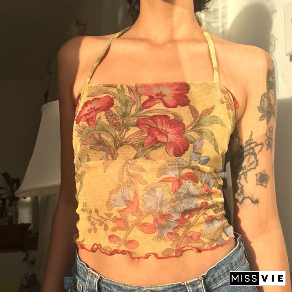 Summer Sexy Ladies Vest Floral Printing Mesh Perspective Crop Tops Cross Halter Neck Backless Ruched Slim Camisoles Y2K Street