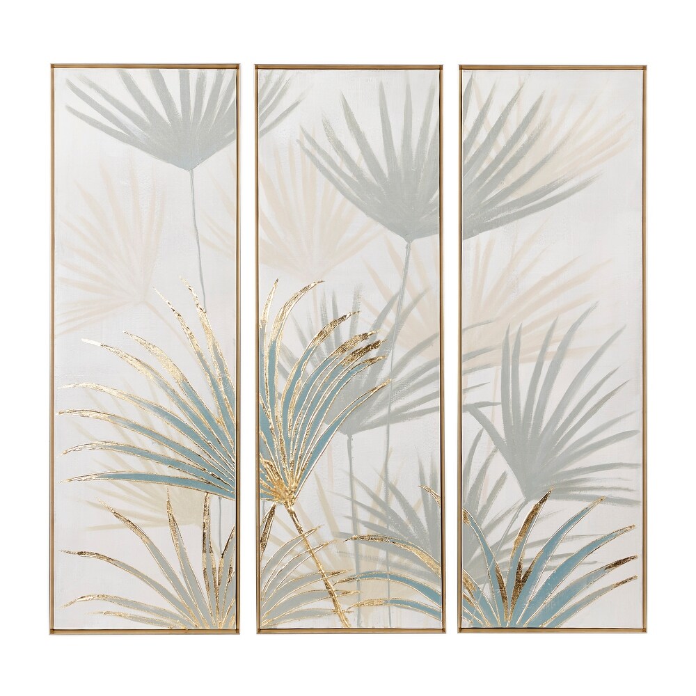 Brown Canvas Palm Leaf Framed Wall Art with Gold Frame (Set of 3)