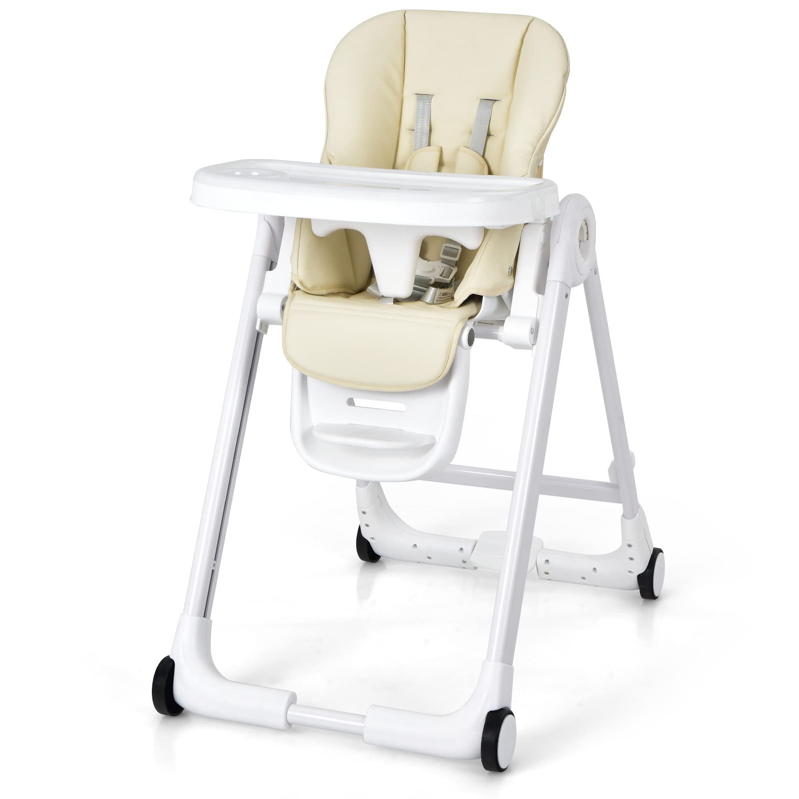 Baby High Chair, Folding Highchair w/ 4 Wheels, One-Step Brake