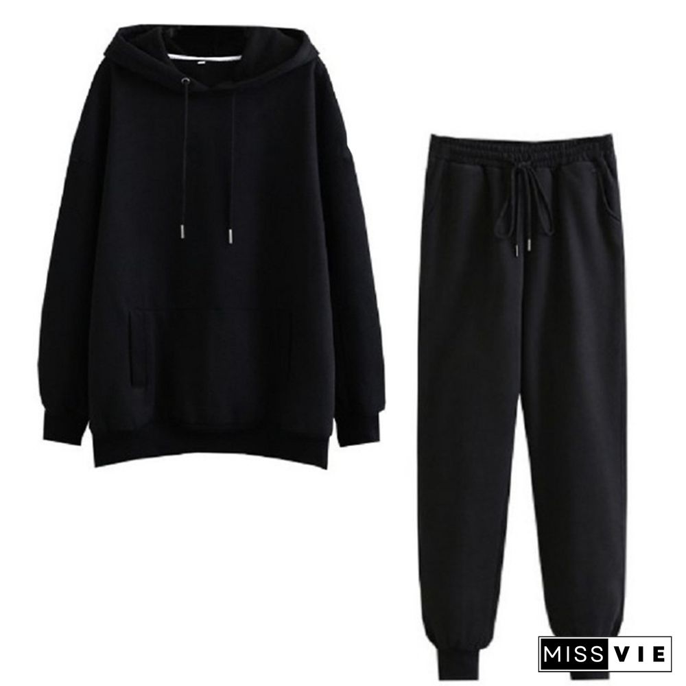 Casual Pure Color Draw String Hoodie Pants Set