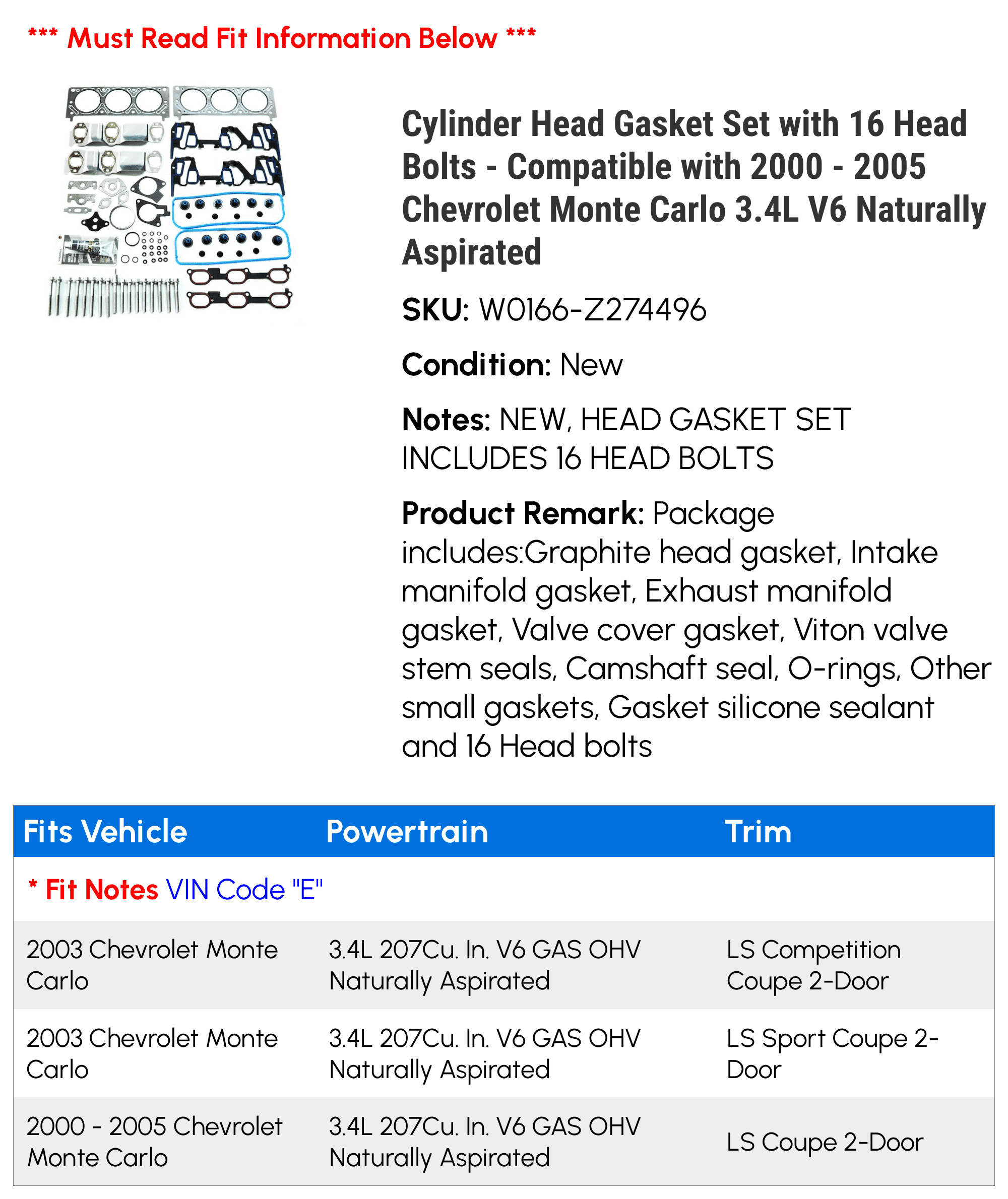Cylinder Head Gasket Set with 16 Head Bolts - Compatible with 2000 - 2005 Chevy Monte Carlo 3.4L V6 Naturally Aspirated 2001 2002 2003 2004