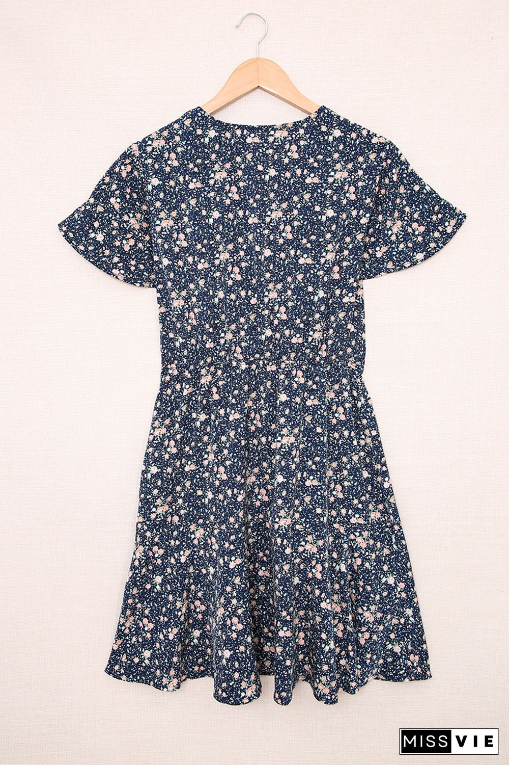 Blue Floral Print Tie Knot Ruffled Short Sleeve Mini Dress