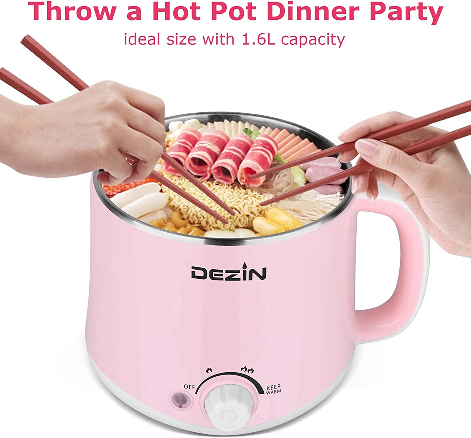 Dezin Electric Hot Pot， Rapid Noodles Cooker， Stainless Steel Mini Pot 1.6 Liter， Perfect for Ramen， Egg， Pasta， Dumpling， Soup， Porridge， Oatmeal with Power Adjustment and Keep Warm Function， Pink