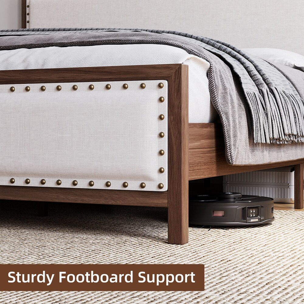 Upholstered Platform Bed with Linen Headboard and Footboard