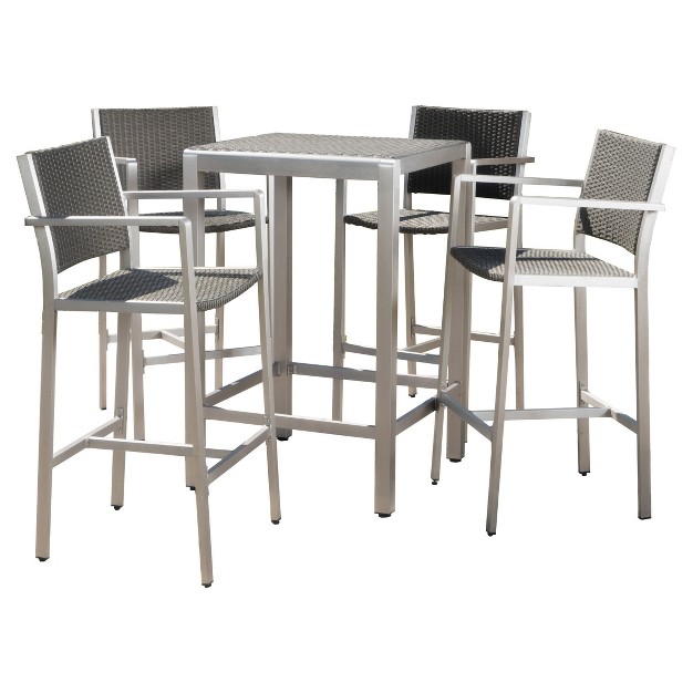 Cape Coral 5pc All weather Wicker metal Patio Bar Set With 4 Stools Gray Christopher Knight Home