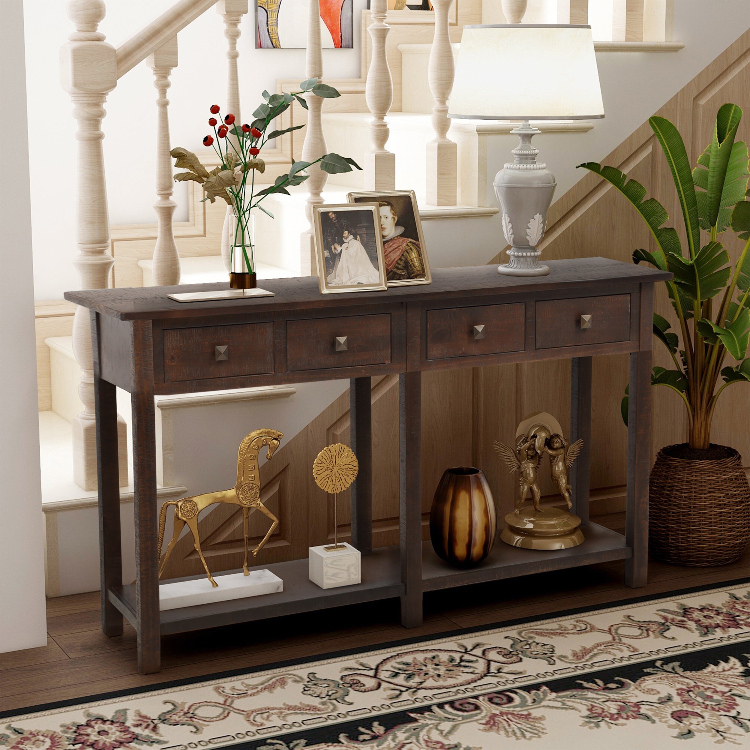 Treyton Rustic Table Console with Four Drawers (Espresso） - 59