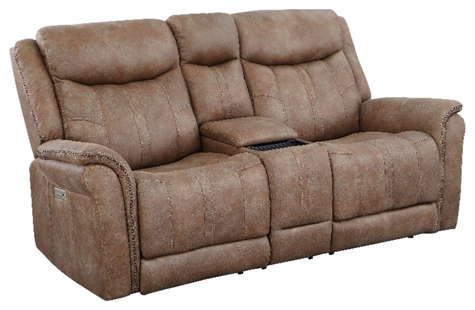 Morrison Camel Brown Faux Suede Leather Power Reclining Console Loveseat   Contemporary   Loveseats   by Homesquare  Houzz