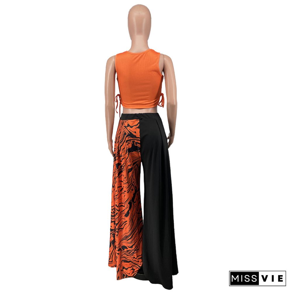 Bandage Side Crop Top Patchwork Wide Leg Pants Set