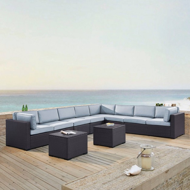 Biscayne 7pc Outdoor Wicker Sectional Set With 2 Coffee Tables Sangria Crosley