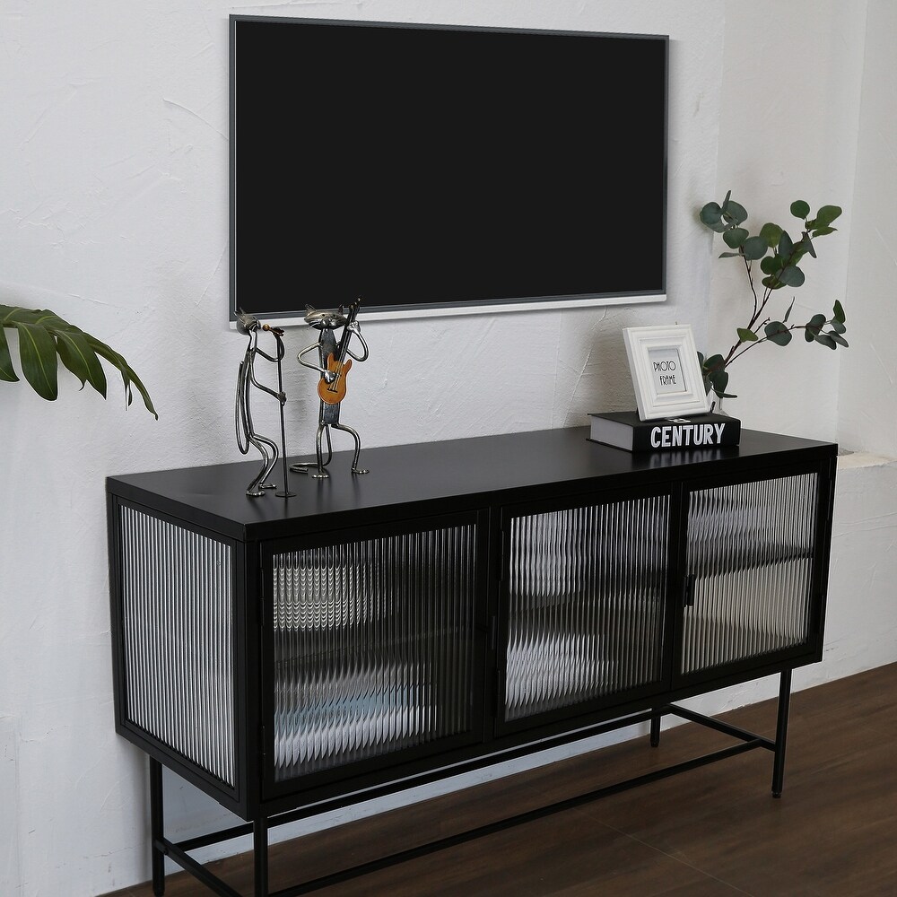 TV Console Table with Enclosed Storage  Wide Countertop Glass Doors  Detachable Shelves