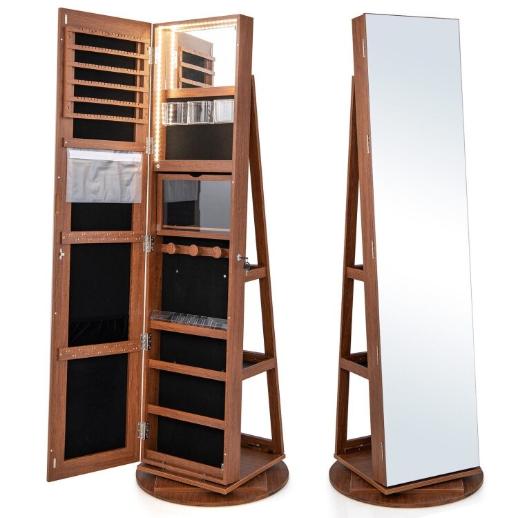 360° Rotating Mirrored Jewelry Cabinet Armoire 3 Color LED Modes Lockable   21.5\