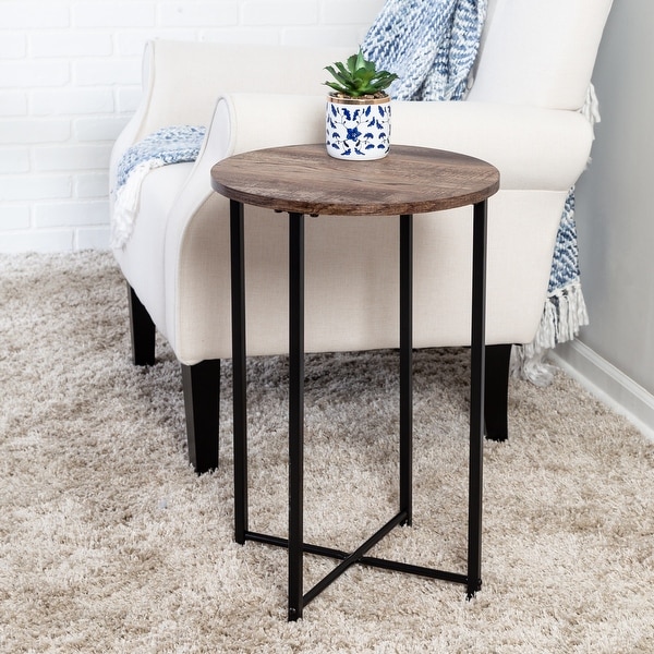 Round Side Table with X-Pattern Base， Natural