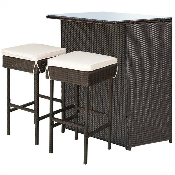 3-piece Rattan Wicker Bar Table Stools Dining Set Cushioned Chairs - 40