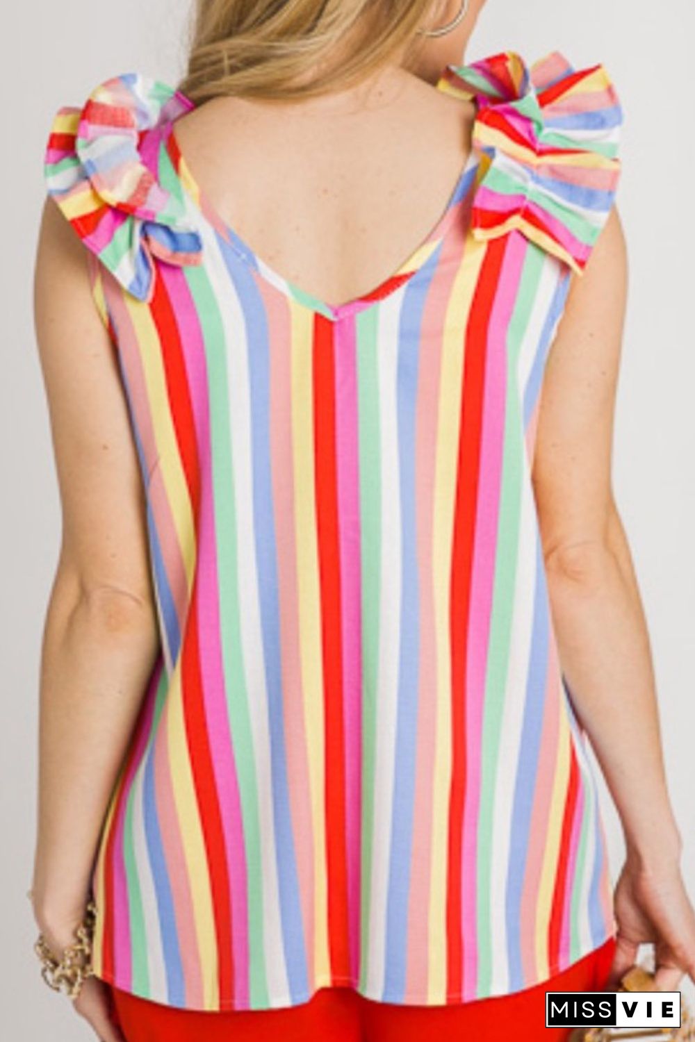 Multicolor Striped V Neck Ruffle Straps Tank Top